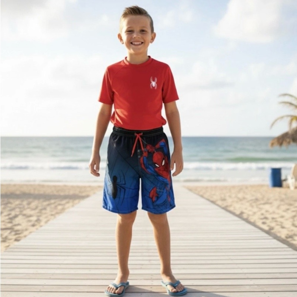 Spider-Man Rash Guard and Blue Swim Shorts  Size 10-12 UV 50 3D